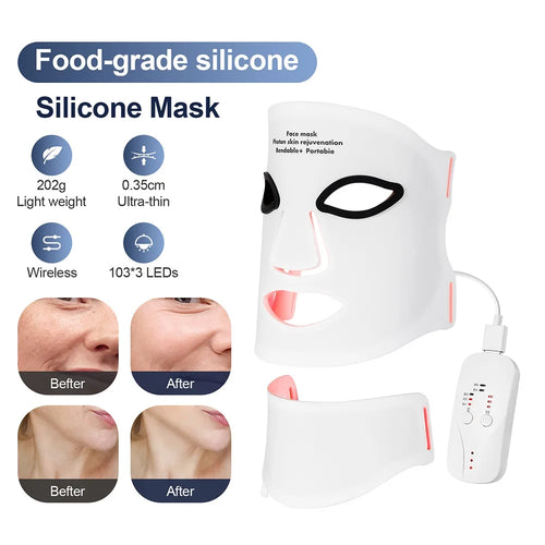 Nordic Glow Pro LED Face & Neck Mask – before and after results, lightweight design with remote control.