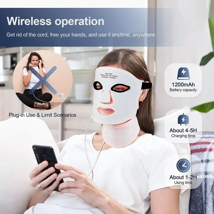 Nordic Glow Pro LED Face & Neck Mask – 1200mAh battery, woman wearing mask at home.